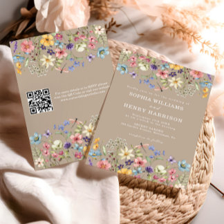 Wildblomma Rustic Land Taupe Bröllop QR-kod Inbjudningar