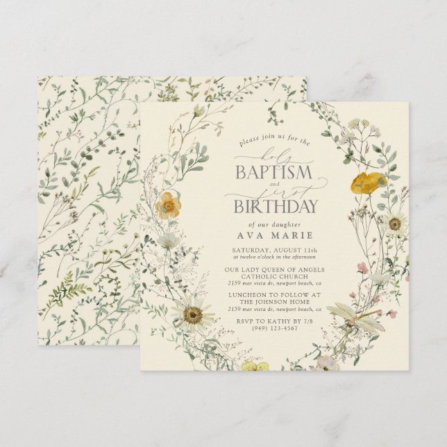 Wildblomma Saptism Baptism 1:a födelsedag Inbjudningar (Fram/baksida)