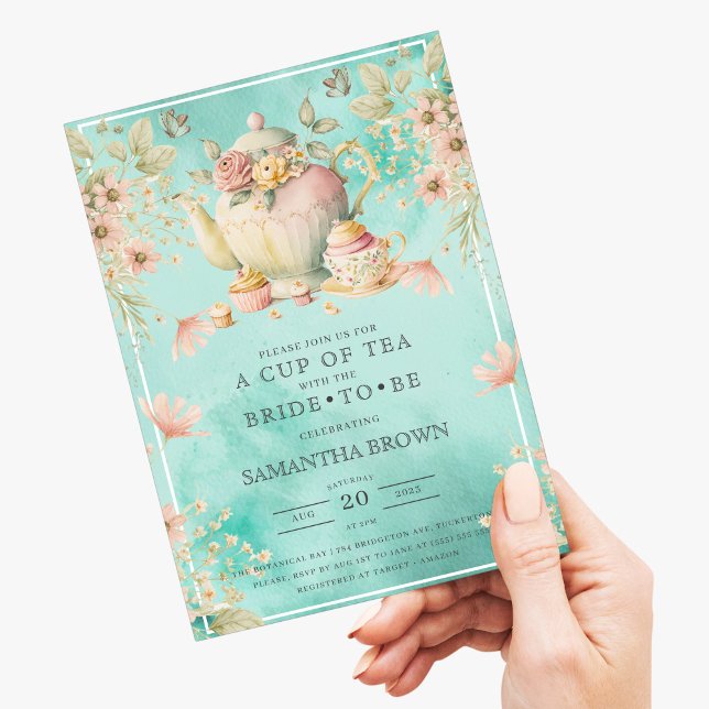 Wildblomma Tea Party Teal Blue Möhippa Inbjudningar (Skapare uppladdad)