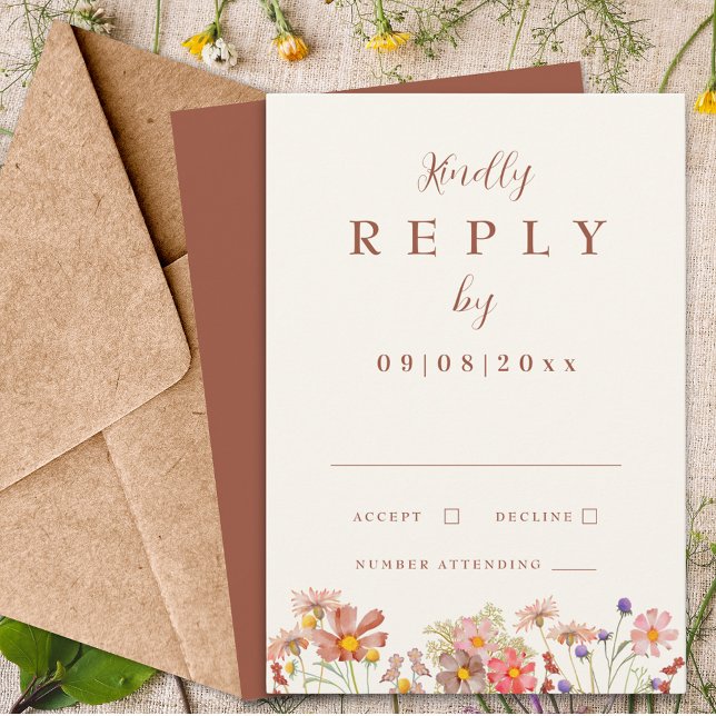 Wildblomma Terracotta Fall Wedding Reply OSA Kort (Wildflower boho terracotta burnt orange fall wedding invitation rsvp enclosure card)