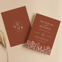 Wildblomma Terracotta Minimalist Bröllop Monogram Inbjudningar