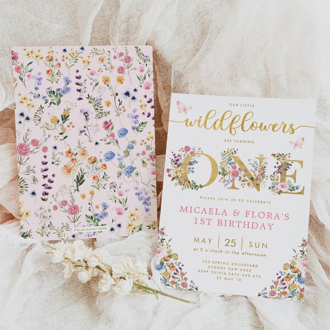 Wildblomma Twin Girls Sister Joint 1:a födelsedage Inbjudningar (Skapare uppladdad)
