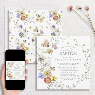 Wildblomma Vår Sommar Blommigt Watercolor Baptism Inbjudningar