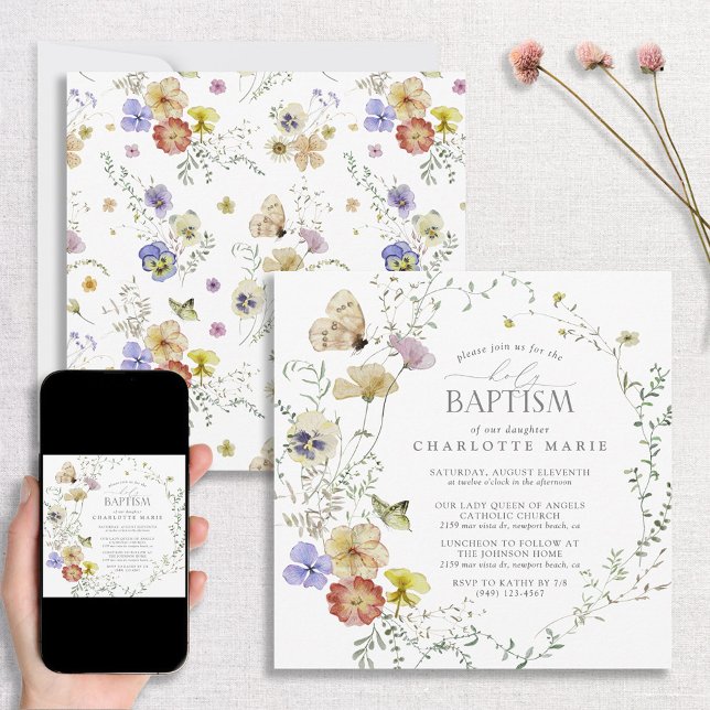 Wildblomma Vår Sommar Blommigt Watercolor Baptism Inbjudningar (Skapare uppladdad)
