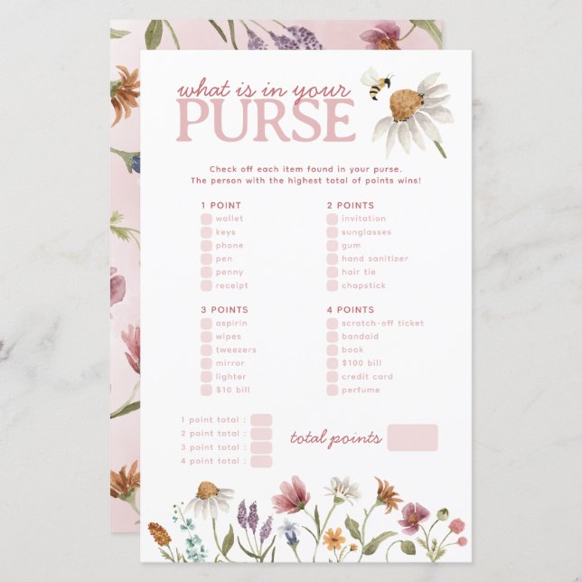 Wildblomma What's in Your Purse Baby Shower Game (Fram/baksida)