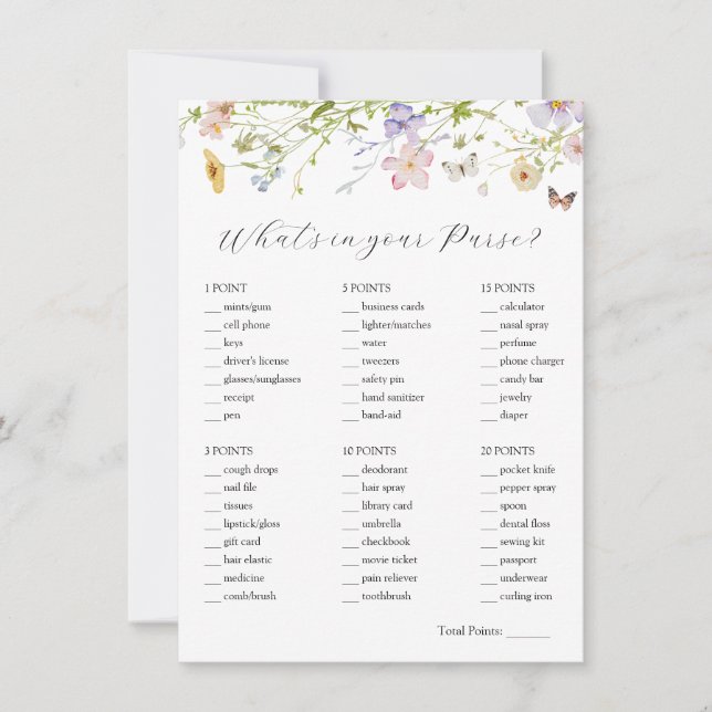 Wildblomma What's in your Purse Möhippa Game Card Inbjudningar (Framsida)