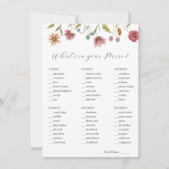 Wildblomma What's in your Purse Möhippa Game Card Inbjudningar (Framsida)