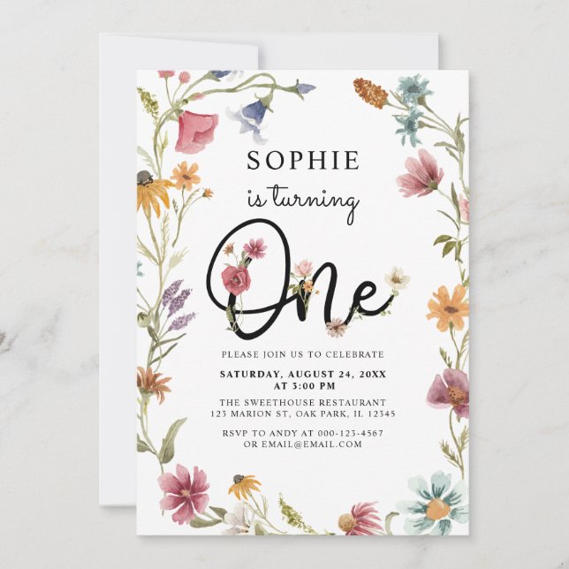 Wildblomman gör en flicka första födelsedagen inbjudningar (Framsida)