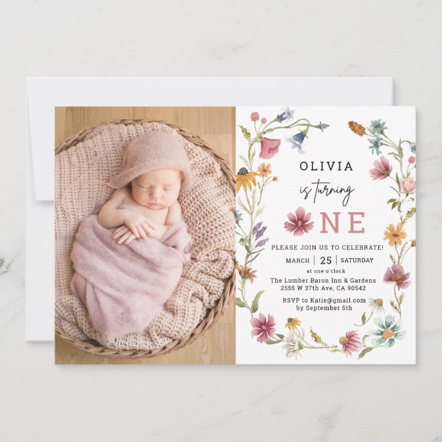 Wildblomman smakar ett första foto på födelsedagen inbjudningar (Framsida)