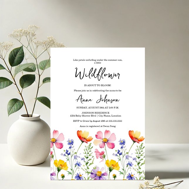 Wildblommans babyskor inbjudningar (Elegant blooming watercolor baby shower invitation front view)