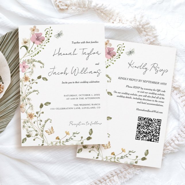 Wildblommans QR-kod OSA Bröllop Inbjudningar (wildflower qr code wedding invitation template)
