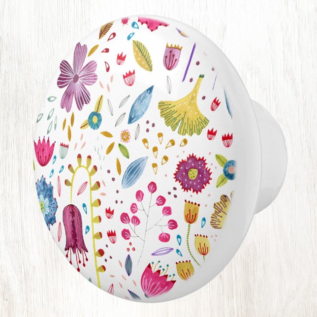 Wildblommans vattenfärgmoderna knopp (Watercolor wildflower modern ceramic door pull)