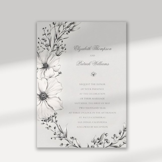 WildblommBlack Ivory Formal Elegant bröllop Inbjudningar (wildflowers wedding invitation black and white formal elegant traditional calligraphy floral wreath)