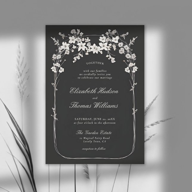 WildblommBlack White Boho Arch Elegant bröllop Inbjudningar (wildflowers wedding invitation black and white boho arch formal elegant modern classic)