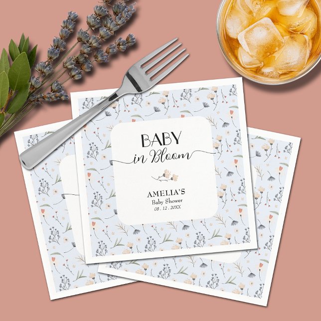 WildblommBlue Boy Baby Shower Pappersservett (Baby in Bloom wildflowers on blue boy baby shower napkins)