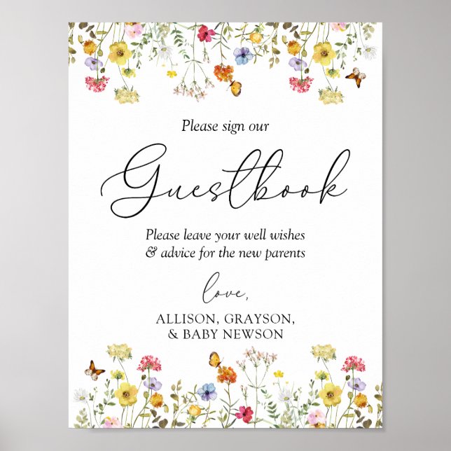 WildblommBoho Baby Shower Guestbook-tecken Poster (Framsidan)