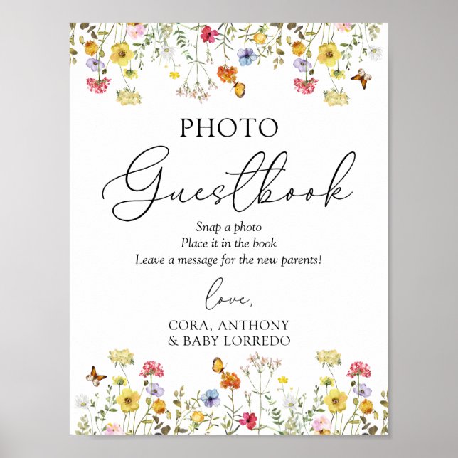 WildblommBoho Baby Shower Photo Guestbook-tecken Poster (Framsidan)