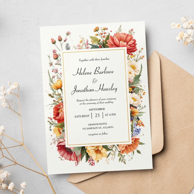 WildblommBoho Blommigt Vintage Elegant bröllop Inbjudningar (Wildflower Boho Floral Vintage Elegant Wedding Invitation)