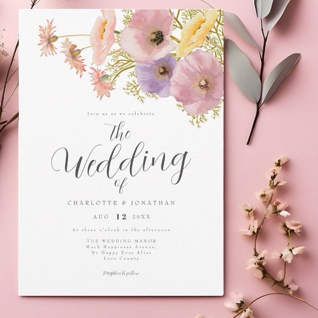 WildblommBoho Vår bröllop Inbjudningar (Elegant watercolor floral script pastel pink purple yellow peach spring wedding invitation )