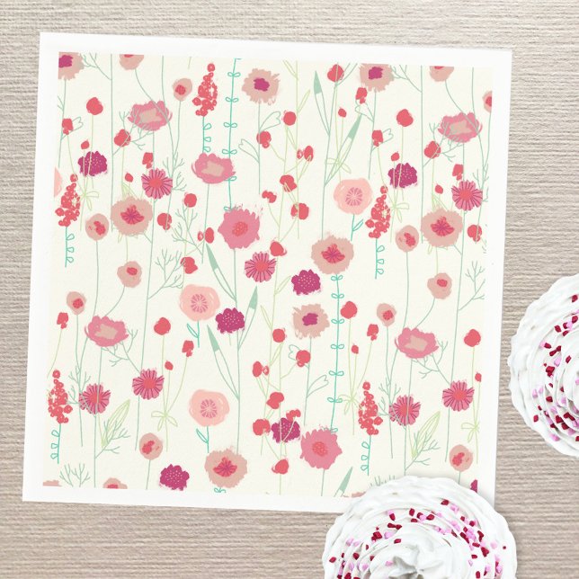 Wildblomme Blommönster Rosa Gult Cream Pappersservett (Wildflower art pattern pink cream yellow party paper napkins)