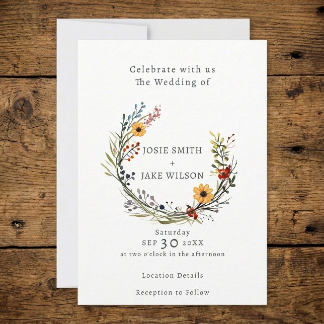 Wildblomme bröllop-inbjudan om andningsbröllop inbjudningar (Wildflower wedding wreath wedding invitation.)