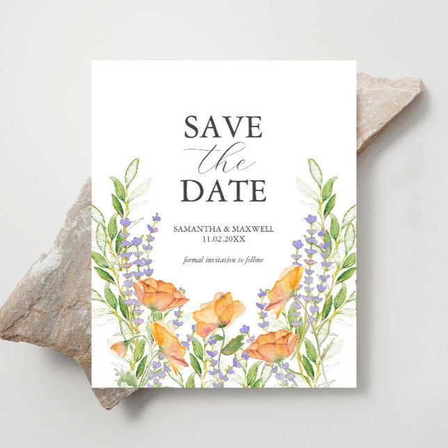 Wildblomme Bröllop tema Spara datum Flygblad (Budget wedding save the date watercolor orange and purple flowers by Victoria Grigaliunas)