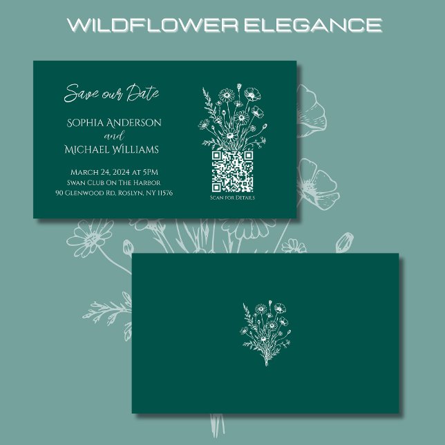 Wildblomme Elegance-Bröllop spara datum-Grönt- Visitkort (Wildflower Elegance Wedding Save Our Date-Emerald Green-Rustic, Country, Bohemian)