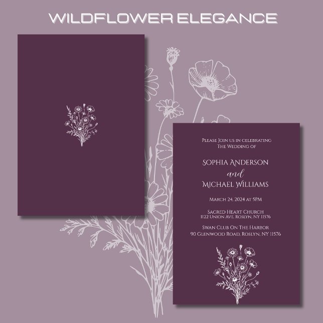 Wildblomme Elegance Bröllop Theme Lila Inbjudningar (Wildflower Elegance Wedding Invitations Purple-Rustic, Country, Bohemian)