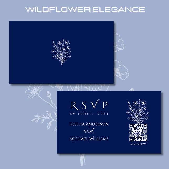 Wildblomme Elegance-OSA-QR-kod Visitkort (Wildflower Elegance Wedding RSVP Card with QR code-Rustic-Bohemian-Blue)