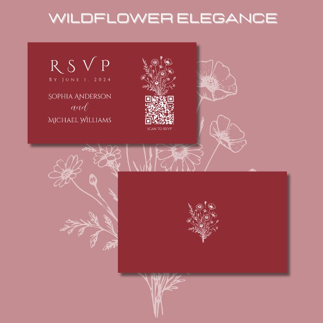 Wildblomme Elegance-OSA-QR-kod Visitkort (Wildflower Elegance Wedding RSVP QR Code-Red, Country, Rustic, Boho, Bohemian, Elegant)