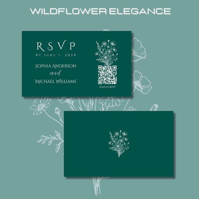 Wildblomme Elegance-OSA-QR-kod Visitkort (Wildflower Elegance Wedding RSVP Qr Code-Emerald Green-Country, Bohemian, Rustic)