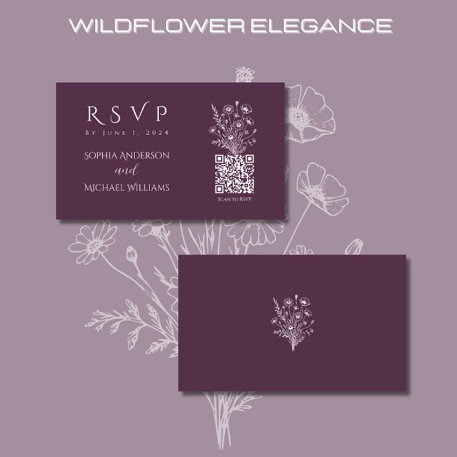 Wildblomme Elegance-OSA-QR-kod Visitkort (Wildflower Elegance Wedding RSVP Purple-Rustic, Country, Bohemian)