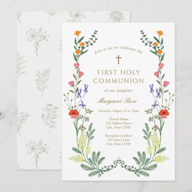 Wildblomme First Heliga Communion Inbjudningar (Fram/baksida)