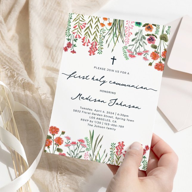 Wildblomme First Heliga Communion Inbjudningar (Wildflower First Holy Communion Invitation)