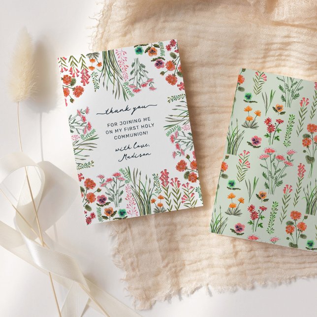 Wildblomme First Heliga Communion Tack Kort (Wildflower First Holy Communion Thank You Card)