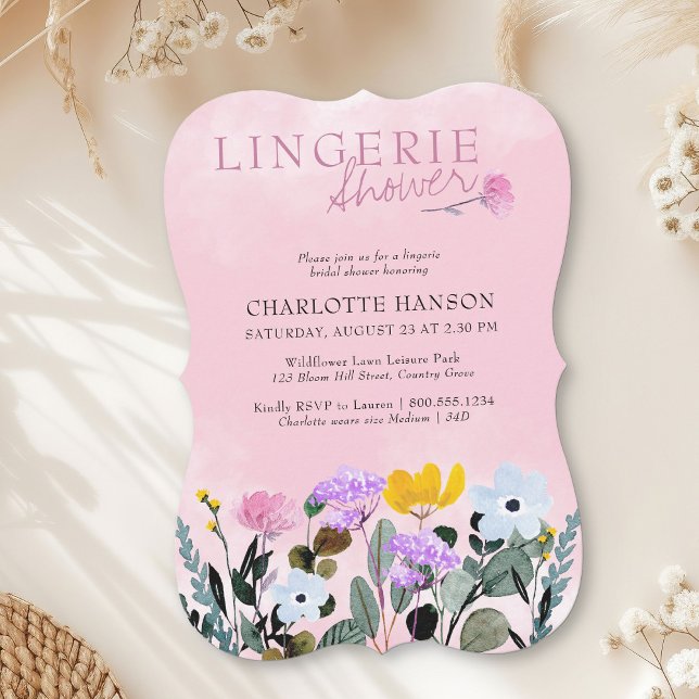 Wildblomme Gräsmatta Söt Rosa Lingerie Shower Inbjudningar (Lingerie Shower Invitation from my Wildflower Lawn Bridal Shower collection)