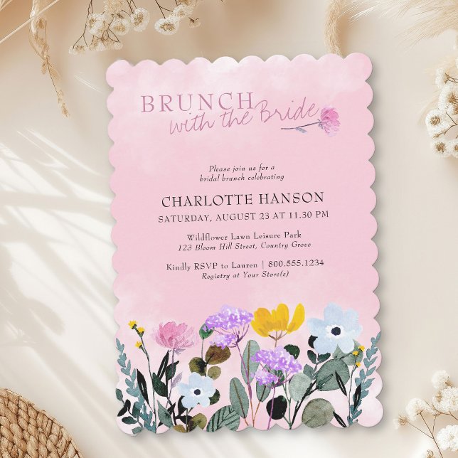 Wildblomme Gräsmatta Söt Rosa Möhippa Brunch Inbjudningar (Brunch with the Bride Invitation from my Wildflower Lawn Bridal Shower collection)