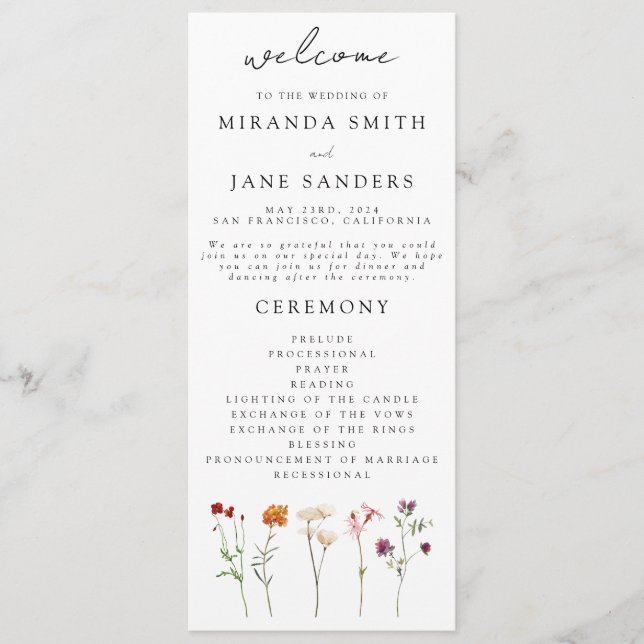 Wildblomme Lesbisk Pride Blommigt Bröllop Program (Framsida)
