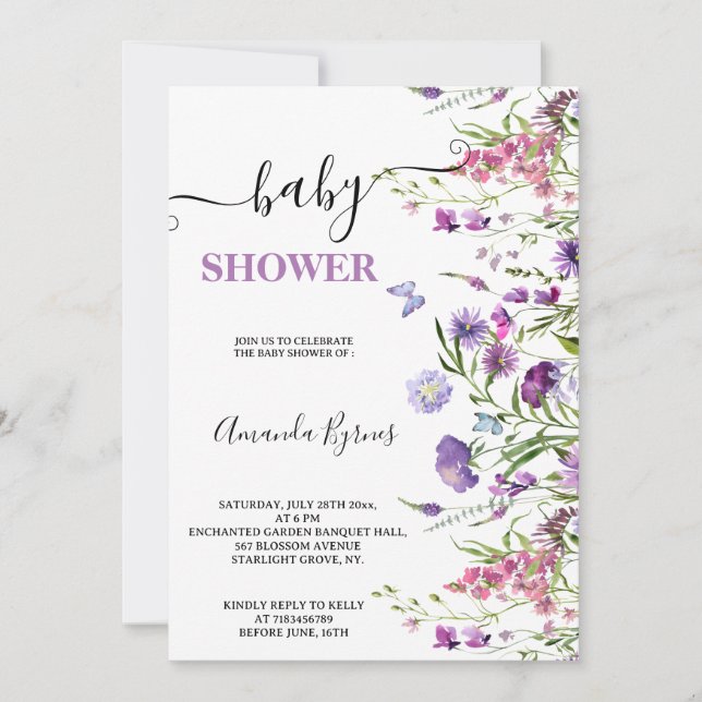Wildblomme Lila Meadow Watercolor Baby Shower Inbjudningar (Framsida)