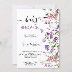 Wildblomme Lila Meadow Watercolor Baby Shower Inbjudningar
