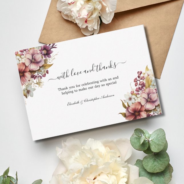 Wildblomme Lila Ro Watercolor Bröllop Tack Kort (Watercolor wildflowers in shades of purple and rose Wedding Thank you cards)