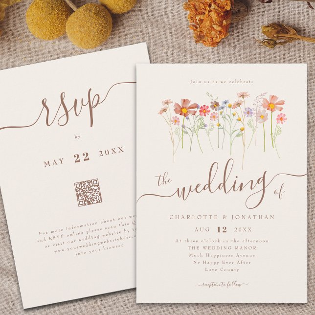 Wildblomme Meadow Blommigt Beige QR-kod Inbjudningar (WILDFLOWER MEADOW BOHO FLORAL BEIGE WEDDING QR CODE INVITATION WATERCOLOR AUTUMN FLOWERS FALL COLORS)