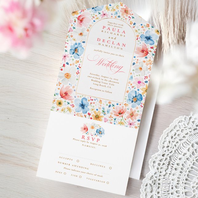 Wildblomme Meadow Garden Blommigt Arch Bröllop (Wildflowers Wedding Invitation with RSVP Card)