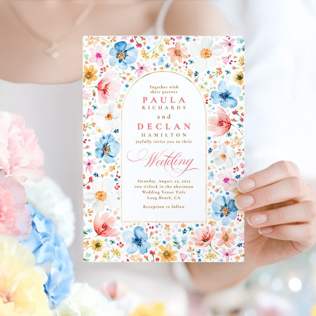 Wildblomme Meadow Garden Blommigt Elegant bröllop Inbjudningar (Soft Pastel Floral French Wedding Invitation)