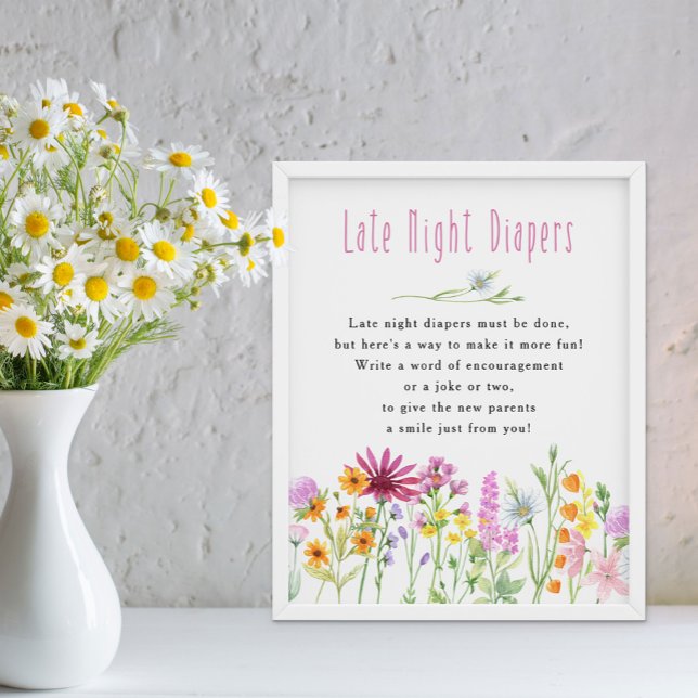 Wildblomme Meadow Late Night Diaper Baby Shower Poster (Late Night Diapers baby shower game - Wildflower Meadow Collection - order printed or digital file)