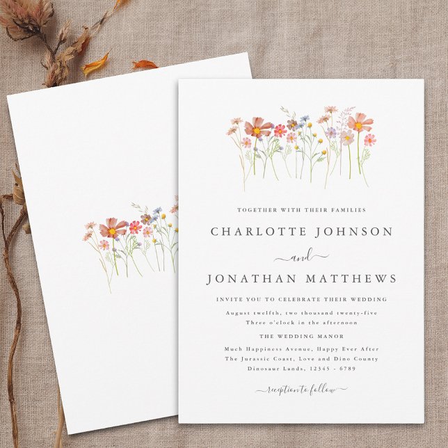 Wildblomme Meadow Terracotta Orange Rust Bröllop Inbjudningar (Boho fall Wildflower floral Wedding invitation Watercolor flowers fall colors elegant modern design)