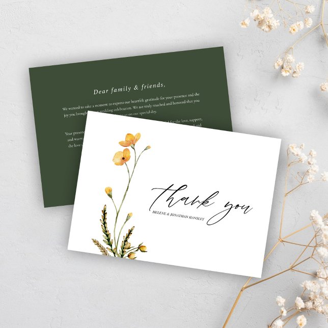 Wildblomme Modern Rustic Minimalist Bröllop Tack Kort (Wildflower Modern Rustic Minimalist Wedding Thank You Card)