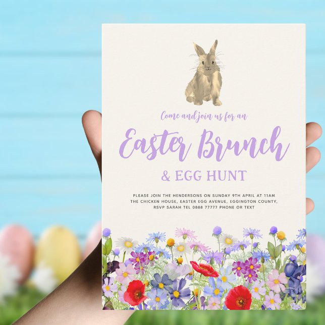 Wildblomme Påskhare Brunch och Egg Hunt Inbjudningar (Boho wildflower Easter brunch and egg hunt cute bunny invitation )