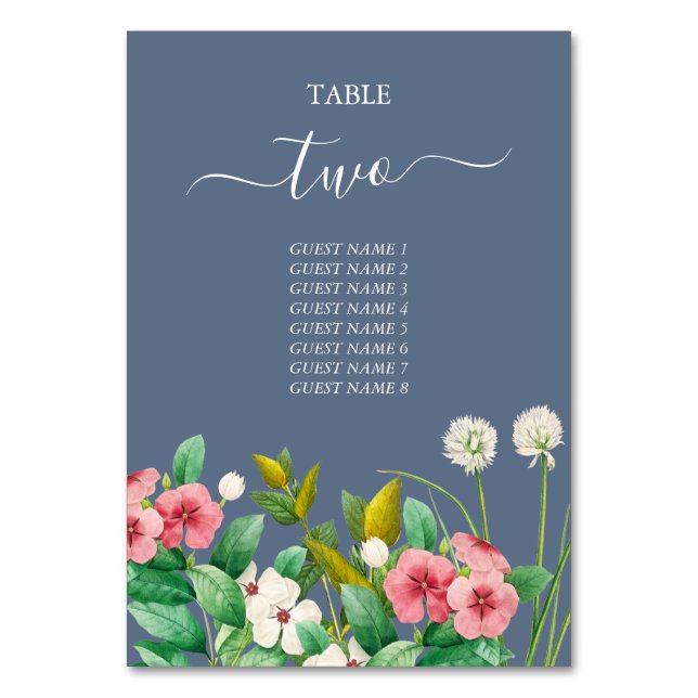 Wildblomme Periwinkle Dusty Blue Bröllop Bordsnummer (Framsidan)