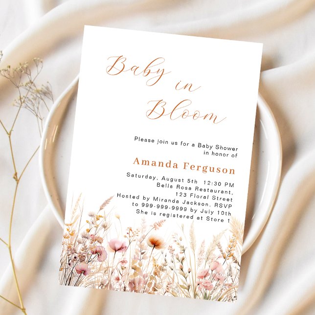 Wildblomme rosa beige bloom Baby Shower Inbjudningar (Skapare uppladdad)